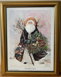 Unique Framed Painting Of Woodland Santa Signed Peggy Abrams