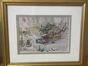 Framed Signed Colorful Painting Of Santa Driving Truck Full Of Gifts And Two Snowmen