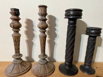 Two Pairs Of Vintage Wooden Candle Holders