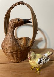 Little Porcelain Bird And A Duck Weaved Basket