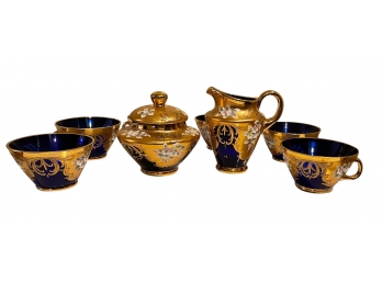 Absolutely Gorgeous Rare Vintage Blue Bohemian Glass And Gold Enamel Tea Or Coffee Set