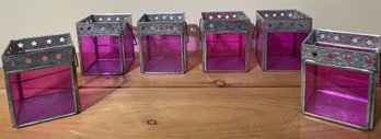 Six Pink Metal And Glass Candle Holders With Handles And Star Decor