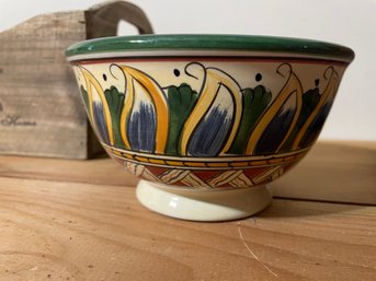 A Wooden Basket, A Painted Porcelain Bowl And A 2 Finger Cup With Saucer