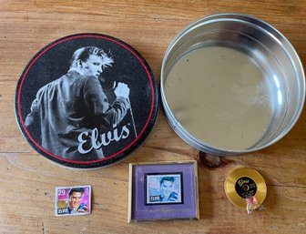 Vintage  Elvis Tin Can With 2 Elvis Trinkets Inside