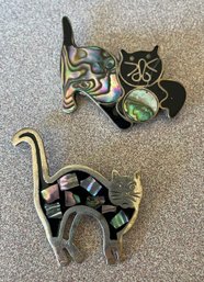 Pair Of Vintage Cloisoine Mexico Silver Cat  Pins