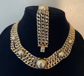 Vintage Heavy Gold Toned Chain Choker Necklace And Matching Bracelet
