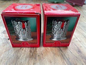 A Pair Of Home For The Holiday Pewter And Glass Santa Mini Votives