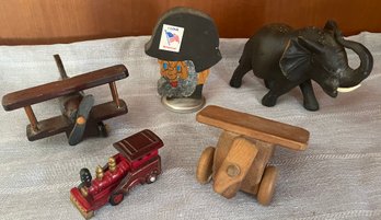 Wooden Toy Airplanes, A Heavy Wooden Elephant And A Wooden Toy Train Engine