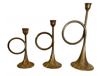 Vintage French Horn Bronze Colored Candle Stick Holders