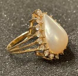 Gorgeous Vintage  14Kt Gold Cocktail Pearl Ring, Pear Shaped With Diamonds