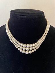 Vintage Three Stranded Costume Pearl  Choker Necklace