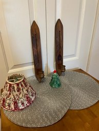 Two Wooden Wall Scones, A Holiday Lamp Shade And A Christmas Bell