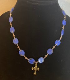 Very Pretty Blue Beaded Cross Necklace