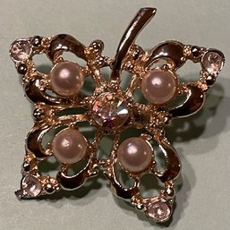 Vintage Silver Toned Butterfly Brooch With Pearls And Clear Stones