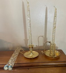 Pair Of Gold Toned Party Lite Tapered Candle Holders. With Glitter Candles