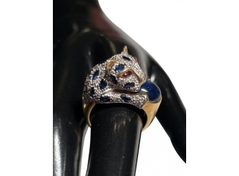 Vintage 18kt Gold Leapard Ring With Ruby Sapphire And Diamond Chips Stones