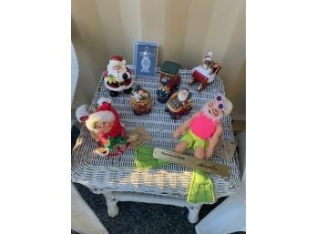 Lot Of Christmas Decor Including 2 Annalee Dolls And Trinket Boxes, New