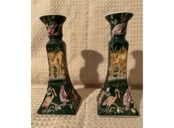 Vintage Oriental Lion Pillar Candlesticks