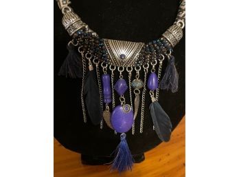 Esquisite Vintage  Purple Bead And Feather Bib Necklace With Blue