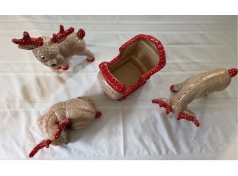 Vintage Handpainted Ceramic Reindeer And Sleigh Set