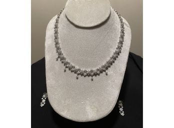 Vintage Silver And Crystal Bling Choker Necklace And Pierced Earrings