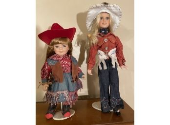 Vintage Pair Of Cowgirl Porcelain Dolls