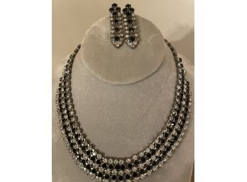 Very Early Black And Clear Crystal Choker Necklace And Earring Set
