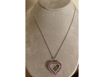 Very Dainty And Pretty Vintage Amethyst And Rhinestone Heart Pendant Necklace