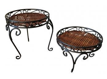 Pair If Black With Wicker Plant Stand Baskets