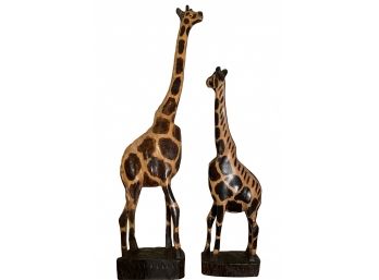 Vintage Pair Of Carved Wood Giraffes.mom And Baby