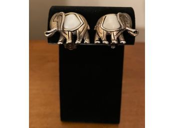 Vintage Clip On Elephant Earrings With White Stones