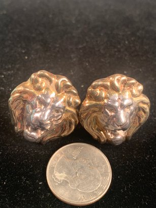 Pr. Large Vintage Sterling Lion Head Earings  Clip On