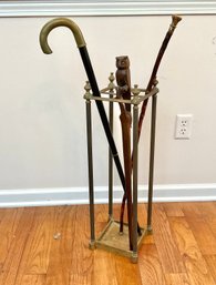 Victorian Cane Rack With 3 Old Canes Gold Top, Brass & Carved Owl