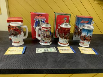 4 Collectable Budweiser Porcelain Beer Steins In Original Boxes
