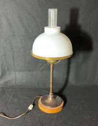 Vintage Heavy Brass Accountants  Table Lamp With Milk Glass Shade