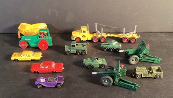13 Die-cast Lesney/ Matchbox Cars And Artillery Items. Great Vintage Items!
