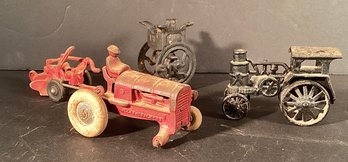 4 Great Antique  Cast Iron Toys Of The Past. Tractor, Coffee Mil, Tractor, And Gang Plow.