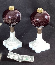 A Pair Of Antique Amethyst Moon/star And Milk Glass Fluid Lamps
