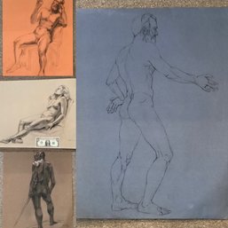 4 Vintage Figure Drawings On Tinted Paper By The Late Barbara Dahlin
