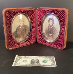Antique Graphite Enhanced Photographs Of A Man And Woman Under Glass With Case