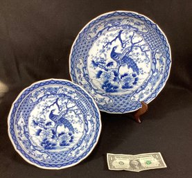 Modern  Asian Themed Cake Plate And Shallow Bowl In Delft Blue And White