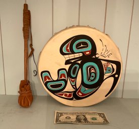 Signed Hand Made Vintage North West Coast Tlingit Ceremonial Drum & Stick