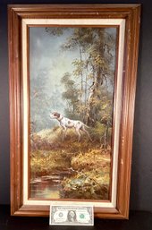Original Oil Painting Of A Watchful Dog And Bird In The Woods