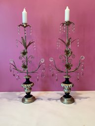 Pair Of Decorative Table  Candelabra's/  Gereondoles  With Prisms