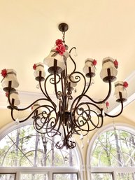 Elegant Wrought Iron Chandelier With Prisims And Custom Shades.