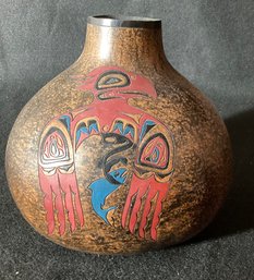 Signed Hollowed Gourd With Native American Artistry Carved Into Gourd