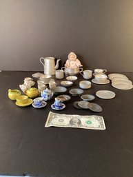 Vintage Miniature Tea Set(s) Metal, And Ceramic, With A Sweet Small Doll Included