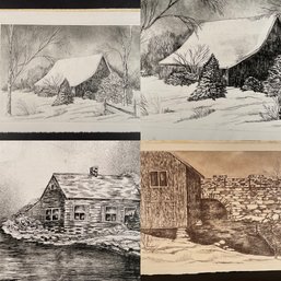 4 Etchings On Heavy Stock Paper By The Late Artist Barbara Dahlin