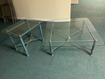 2 Matching Iron, Brass Heavy Glass Top Tables