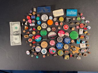 115 Vintage Pin Backs And Pins, Political, Travel, Olympics, Gorbechev, Humor.